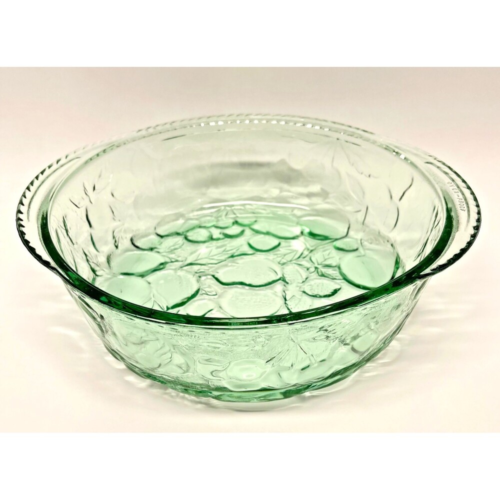 Libby Orchard Fruit Large Casserole Dish Green Glass 3Qt Vintage - Excellent